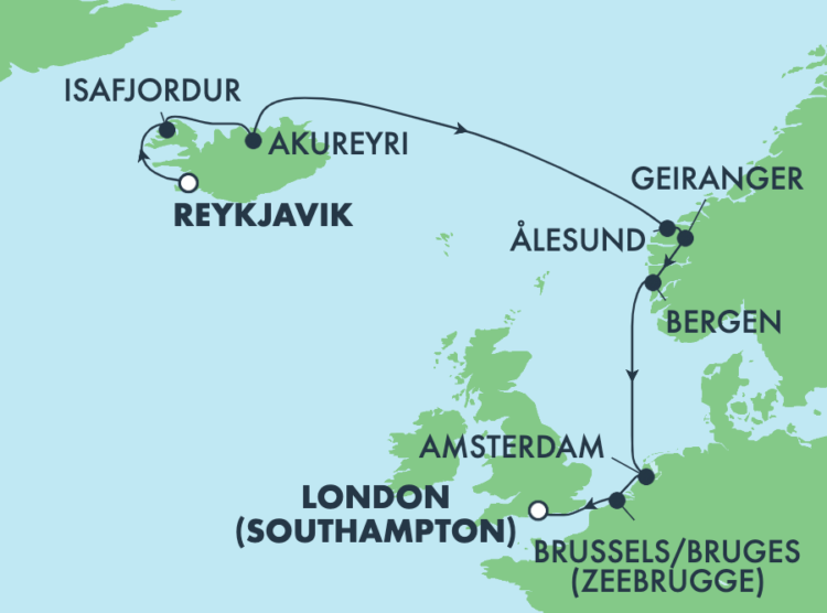 Roteiro do cruzeiro para Islândia no NCL Prima